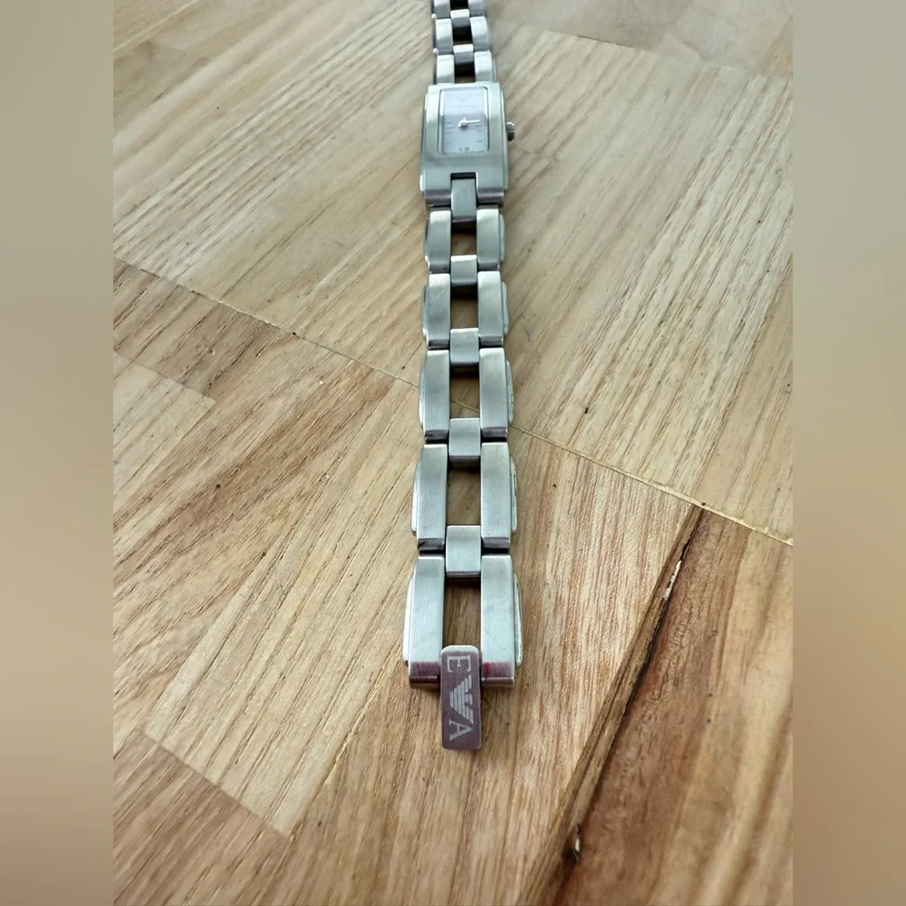 Emporio Armani ladies rectangular stainless steel dress watch NEW BATTERY